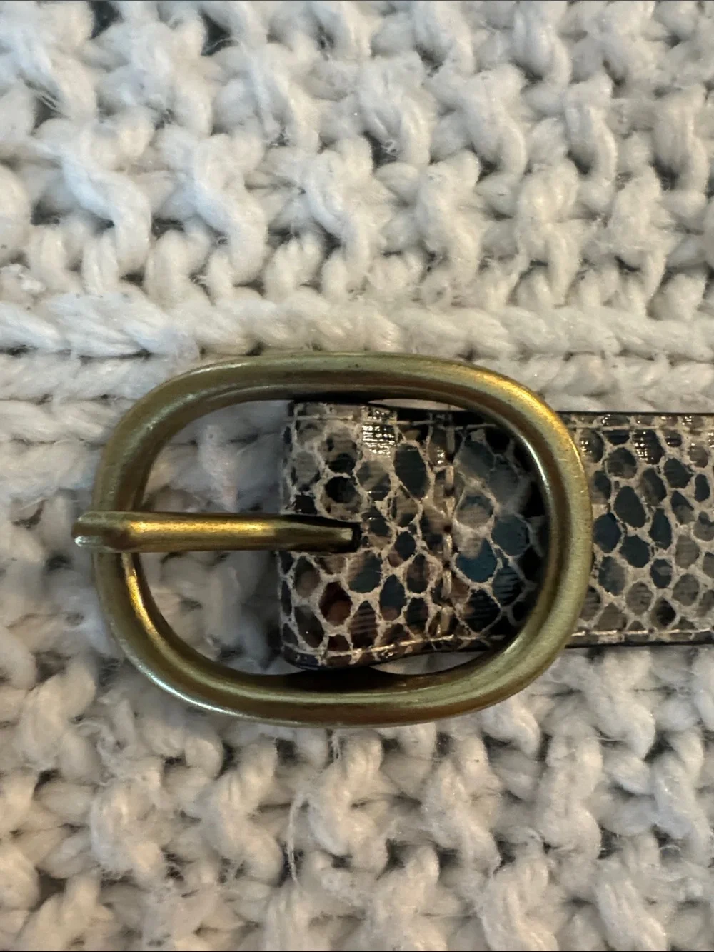 Snake-Print Belt with Antiqued Gold Buckle - White/Brown